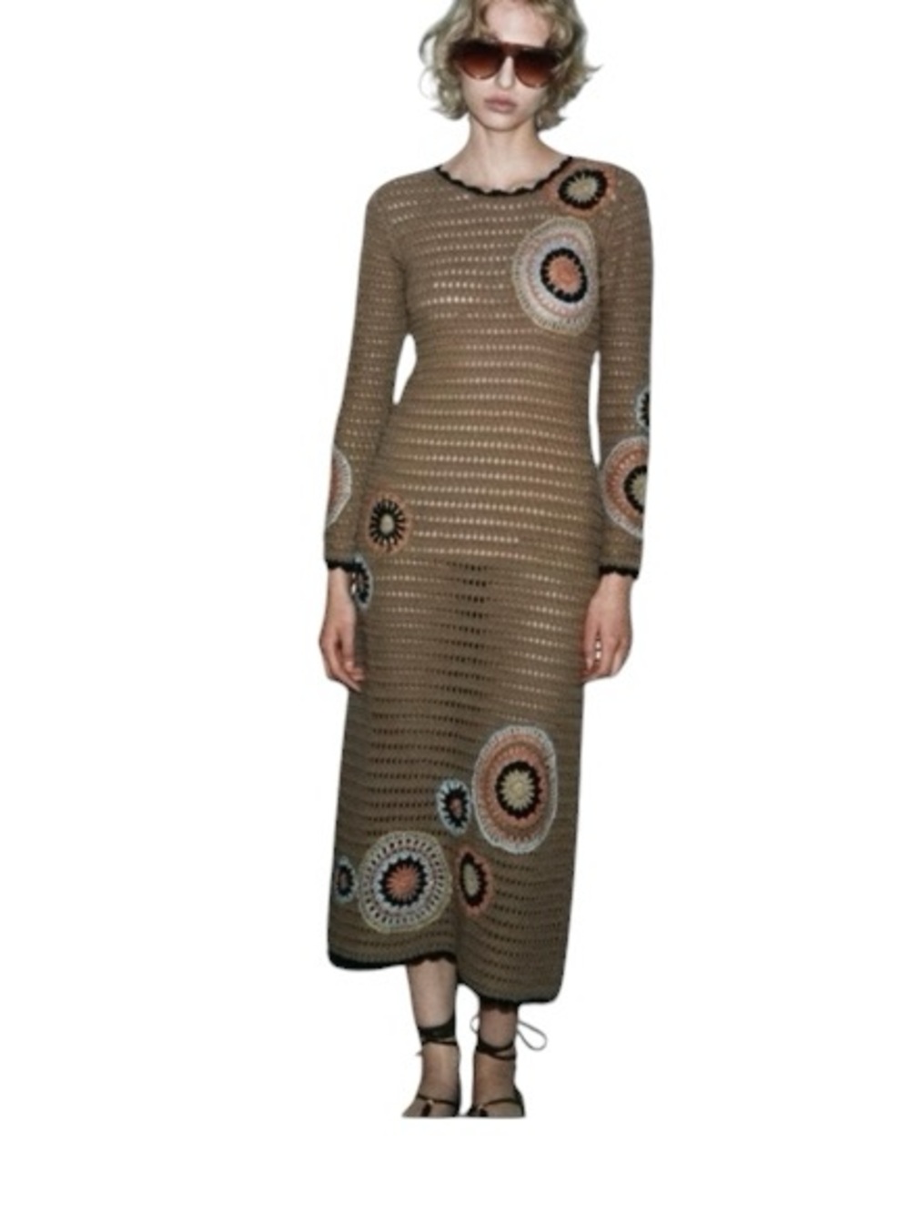 Zara Crochet Open Knit Midi Dress Women’s Small Long Sleeve Boho